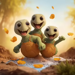 three toy turtles are standing on their backs