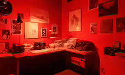 a red wall with a computer desk and radio on it