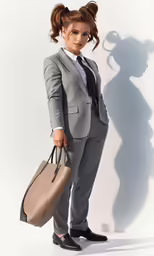 a woman in a grey suit carrying a tan bag