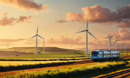 an image of a train on the tracks with windmills in the background,a train is going by wind turbines on the side of the road