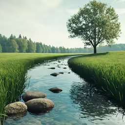 river with rocks running through grassy field next to tree