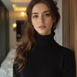 a woman is standing next to a door and looking into the camera