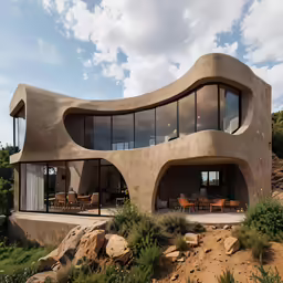 there is a modern looking house near the rocks