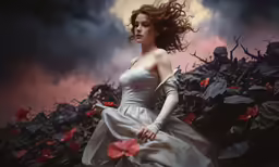 a woman in a white gown with long, flowing hair walking through a field of flowers