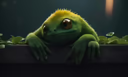 a green frog has long eyes and has a grin
