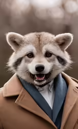 a raccoon with a coat and tie is dressed in a dress