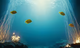 the sun shines brightly from beneath underwater sea creatures