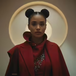 an image of a model in a red coat