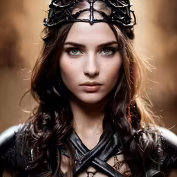 a close up of a person wearing a crown and wearing leather clothes