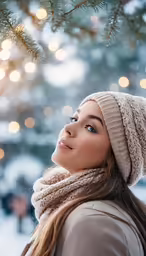 a young woman wearing a winter hat looking up