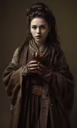 a woman dressed as a medieval queen holding a mug