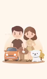 a cute couple, who are holding their puppy, posing next to the vehicle