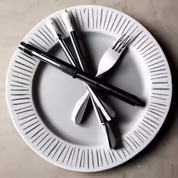 there is an empty plate with four forks and spoons on it