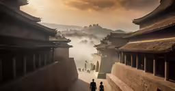 two people walk down a walkway near buildings