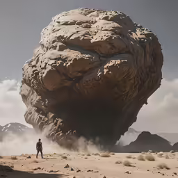 a lone person standing in the desert with large rocks