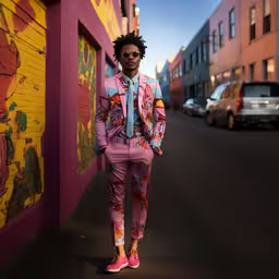 a man standing next to a painted wall,a man standing on the side of a road