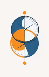 the image is a drawing of a clock with an orange, white and blue circle