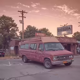an old van is parked in a lot near the curb