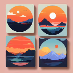 four different pictures with the sun in them,four colorful paintings of mountains and a sunrise
