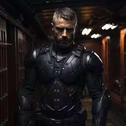 a man wearing an armor is looking at something,a man in a dark knight outfit, wearing protective armor