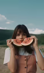 woman with watermelon slices in front of her face