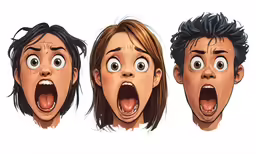 three illustrations depicting faces with shocked and screaming people