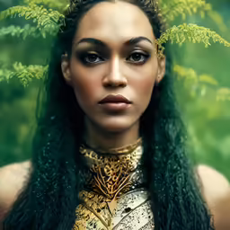 a young woman with green and gold makeup