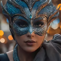 the woman wears a blue mask that is adorned with elaborate jewelry