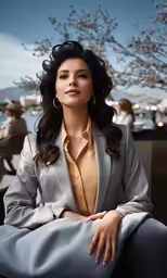 a beautiful young woman in a suit and golden blouse sitting on top of a chair