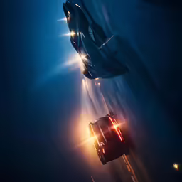 an aerial view of two cars in a movie