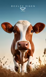a cow on the grass in front of a sky background