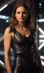 a beautiful young woman in leather dress posing for the camera
