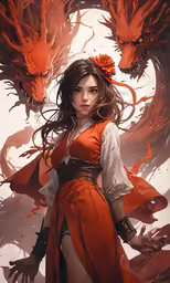 a woman wearing a red dress standing next to a dragon