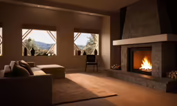 a living room with a couch, fireplace and fire place