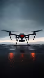 a small, black remote controlled flying vehicle in the sky