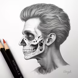 pencil drawing of the face of a man with skull markings