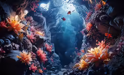 the underwater photo is taken of water and flowers