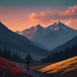 a lone hiker is shown walking toward the mountains,a person stands in the middle of a road on top of a hill