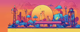 a yellow and red digital landscape with an image of a rocket,the abstract landscape of a train station