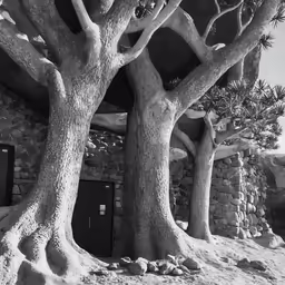 some very strange trees by some kind of building
