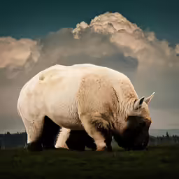 there is a large white rhino standing in a field