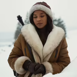 a woman holding a pole is covered in snow
