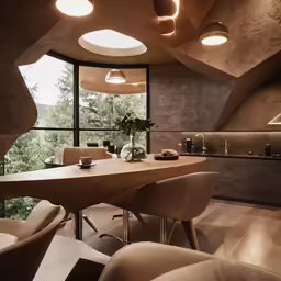 a dining table in the middle of a kitchen with some modern lighting fixtures