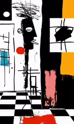 a poster with a woman in an abstract style and red, yellow and blue