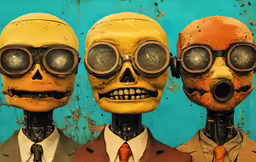three humanoid men wearing sunglasses and suits with one in the shape of a human head