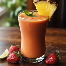 a shot of chocolate smoothie on the table with a fruit slice