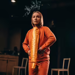 a young woman wearing an orange suit standing by a lit cigarette