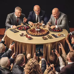 the three men are having food on a table