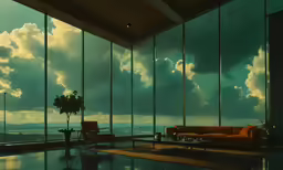 a living room has large glass windows with ocean views
