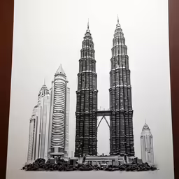 three very tall buildings with a bridge at the top
